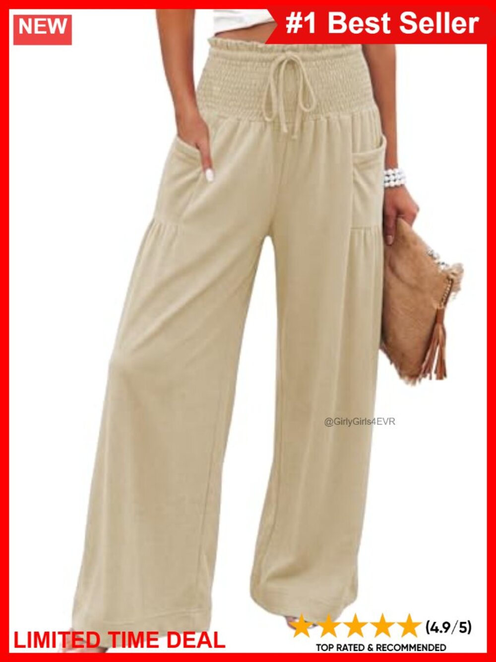 Cotton Blend Wide Leg Palazzo Pants Smocked High Waist Lounge Trousers